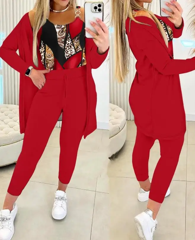 Two Piece Set Women Outfit 2023 Spring Fashion Leopard Print Chain Decor Sleeveless Tank Top & Casual Daily Pants Set with Coat