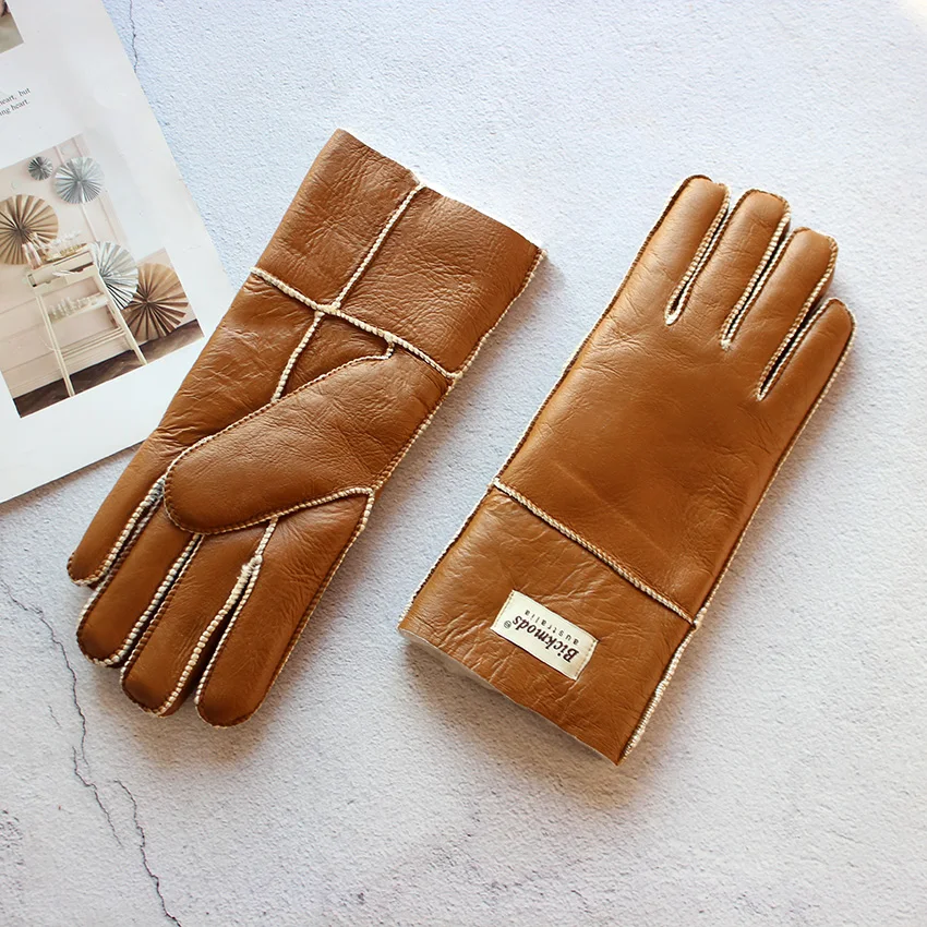 Women's Thickened Winter Sheepskin Fur Gloves Windproof Warm Outdoor Motorcycle Riding Color Leather Finger Gloves