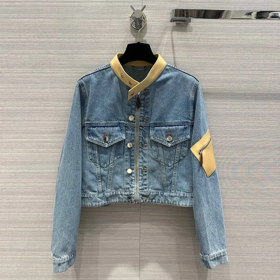 

2024 New Spring Fashion Blue Denim Jacket Women Stand Collar Long Sleeve Leather Pocket Patchwork Vintage Loose Short Coat