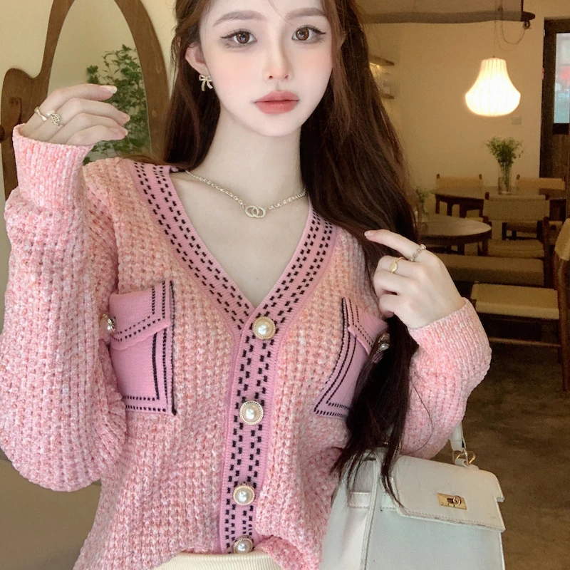 

Women Knitted Cardigan Spring Autumn New Arrival V-neck Long Sleeve Sweater Coat Lady Korean Fashion Casual Female Outwear
