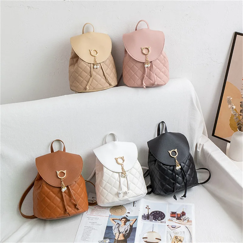 

Women PU Leather Shoulder Mini Small Backpack Diamond Lattice Student Backpack