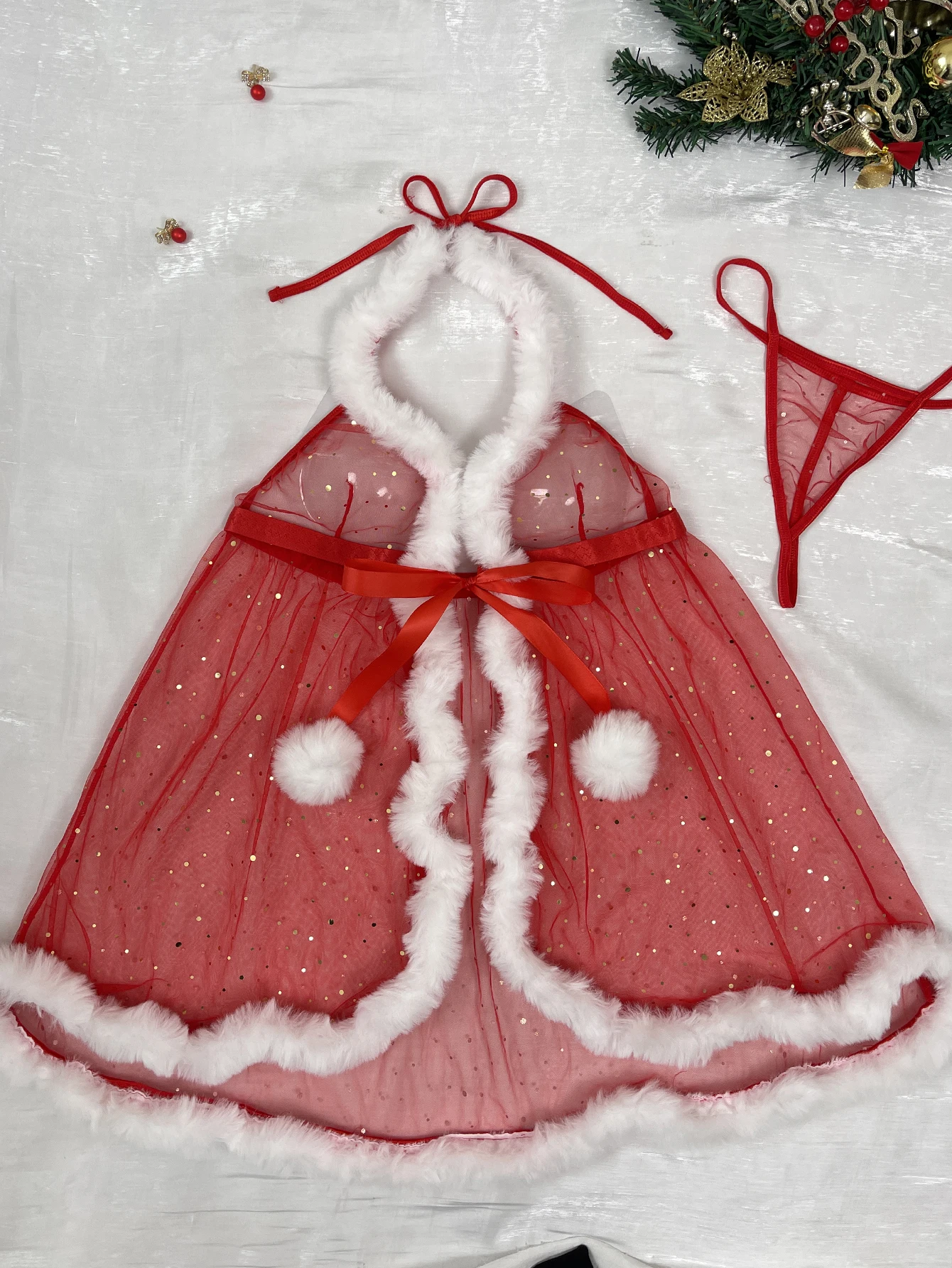 Red Sexy Sleepwear Cloak-style Nightgown And Thong Set With Plush Edge Cute Transparent Christmas Valentine's Day Gift Hatler