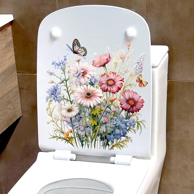 Bathroom Toilet Flower Stickers Minimalist Butterfly Flower Pattern Self-adhesive Paintings Bathroom Living Decorations 1PCS