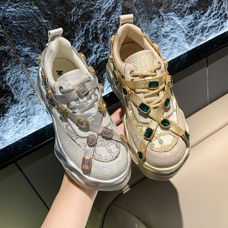 

Heightened Platform Women's Shoes 2023 New Rhinestone Female Sneakers Breathable Luxury Designers Casual Thick Bottoms Dad Shoes