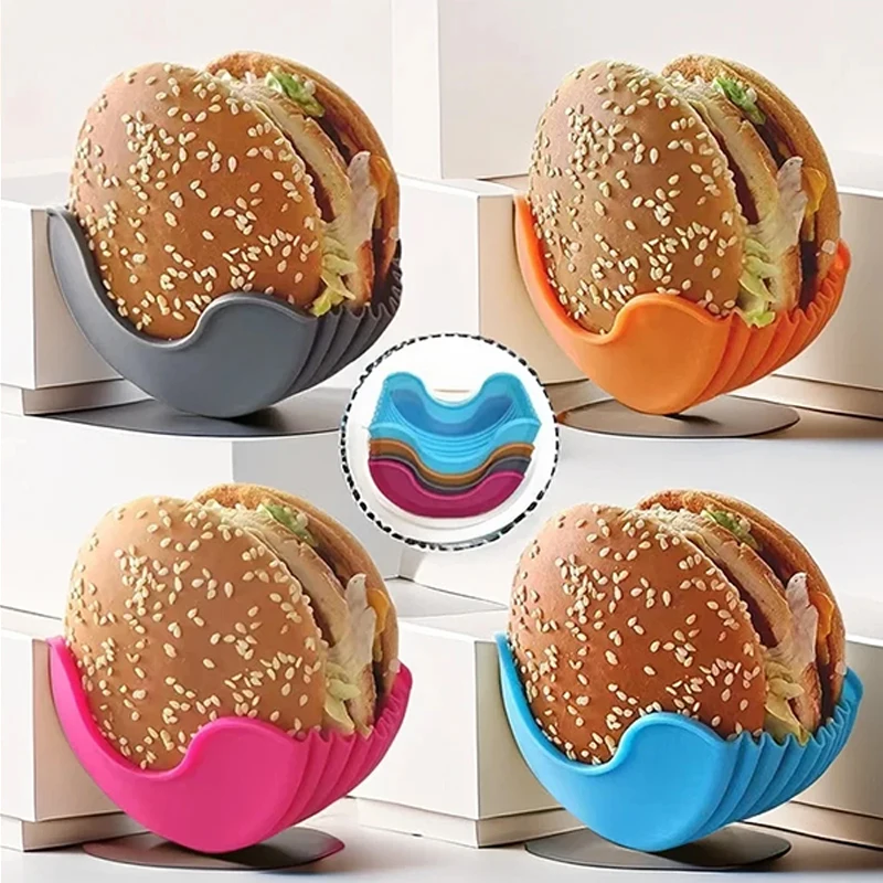Hamburger Holders 4pcs Retractable Hamburger Holders Hamburger Fixed Box Sandwich Burger Clip Rack Washable Silicone French Fry Sauce