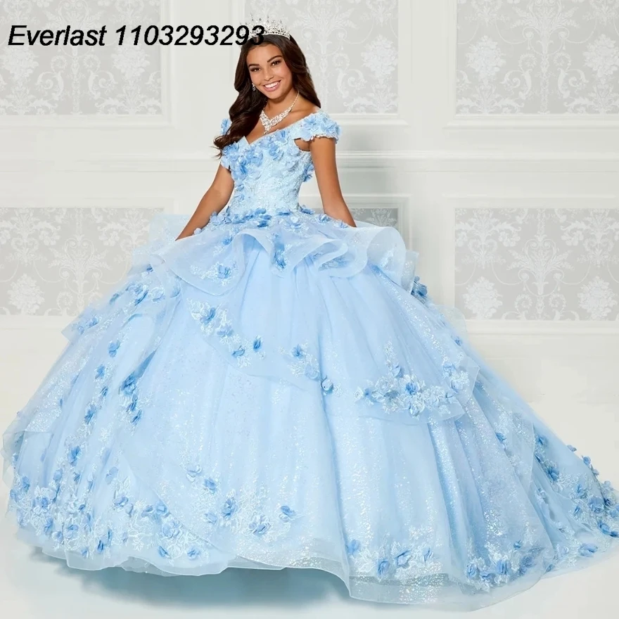

EVLAST блестящее синее платье для Quinceanera бальное платье ручной работы Цветочная аппликация бусины Многоярусные оборки милое 16 Vestido 15 лет TQD207