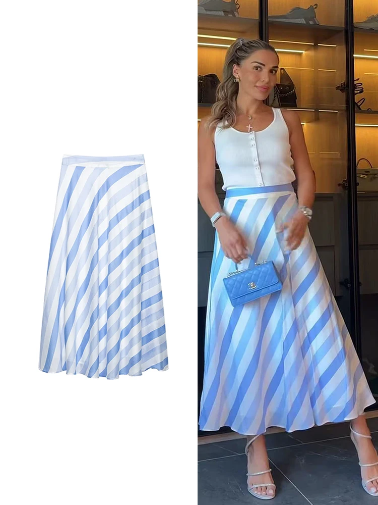 TFMLN Damen Vintage Blau Gestreifter Rock Sommer Mode-Trends Hochgeschnittener A-Linien-Rock Urlaub Lässige Damenkleidung 2026