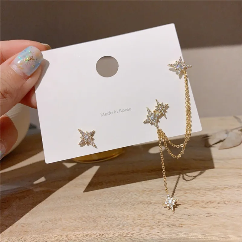 Fashion Korean Octagonal star Tassel Earring for Women Ear Cuffs Cool Jewelry Chain Vintage Crystal Earings Birthday Party Gift