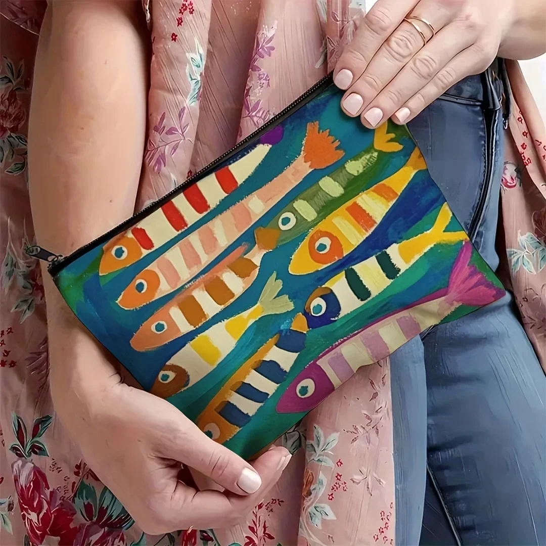 1pc Vintage Sardine Pattern Cosmetic Bag Travel Makeup Organizer for Toiletries & Brushes, Portable Unisex Design for Travel