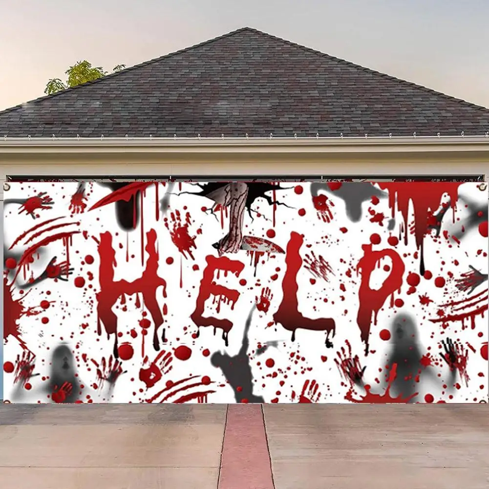 

Halloween Garage Door Banner Blood Handprint Ghost Halloween Garage Door Decoration Hanging Flag Hanging Cloth Decor 400*240cm