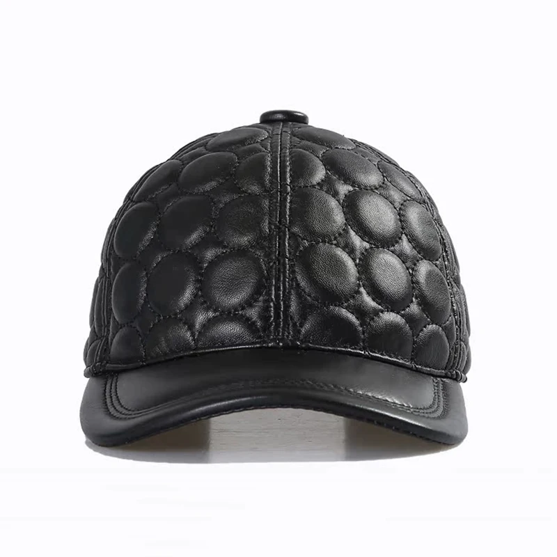 male-2023-spring-winter-genuine-leather-sheep-leather-head-protection-baseball-caps-black-plaid-embossing-adjustable-hat-for-man