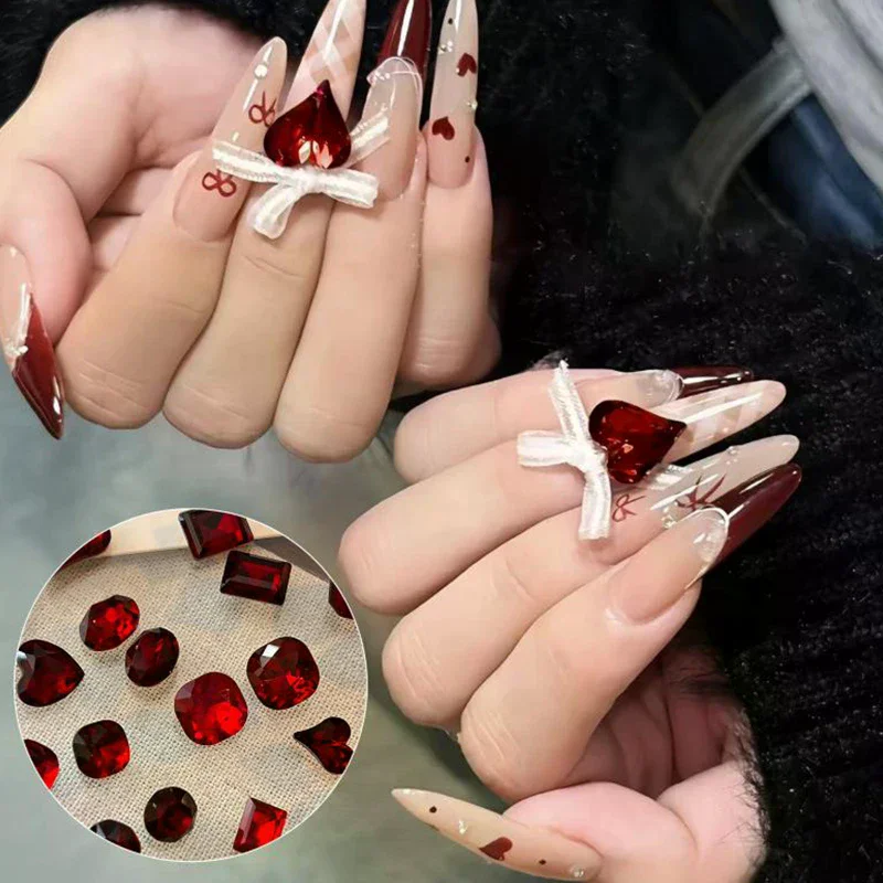5 Pcs Red Nail Gems Pointed Bottom Rhinestones Multiple Shapes Nail Crystal Diamond Mixed Luxury Glass Rhinestones Charms Decor