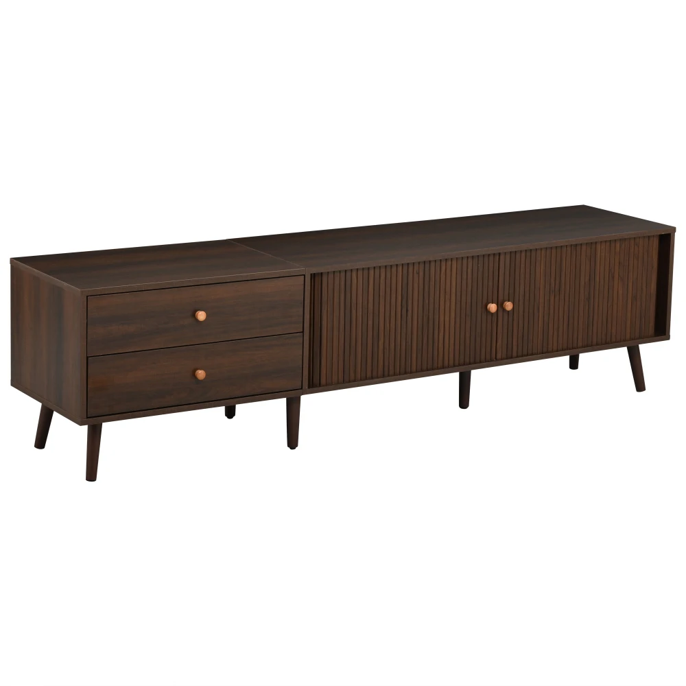 180x40x46,5cm TV-Schrank in Walnussholz-Optik, Fernsehständer mit 2 Schubladen, 2 Rolltüren und 7 Ständern, für Fernseher bis zu 80 Zoll – Detail 19