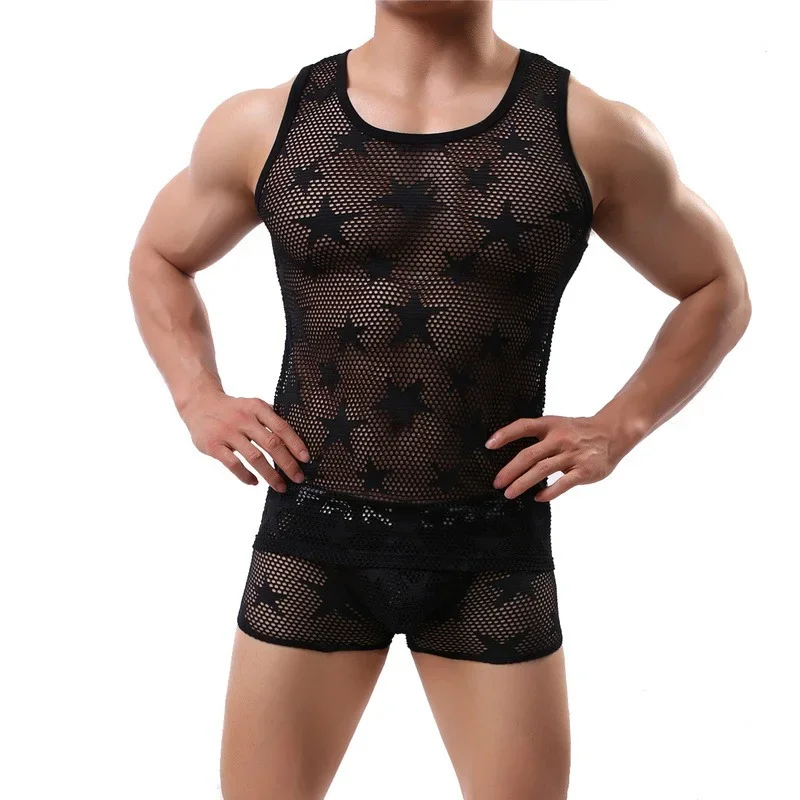 Men Clothes Set Undershirts Mesh See Through Men Tank Tops Hollow Out Underwear Panties Fitness Boxershorts Underpants Vest Tops