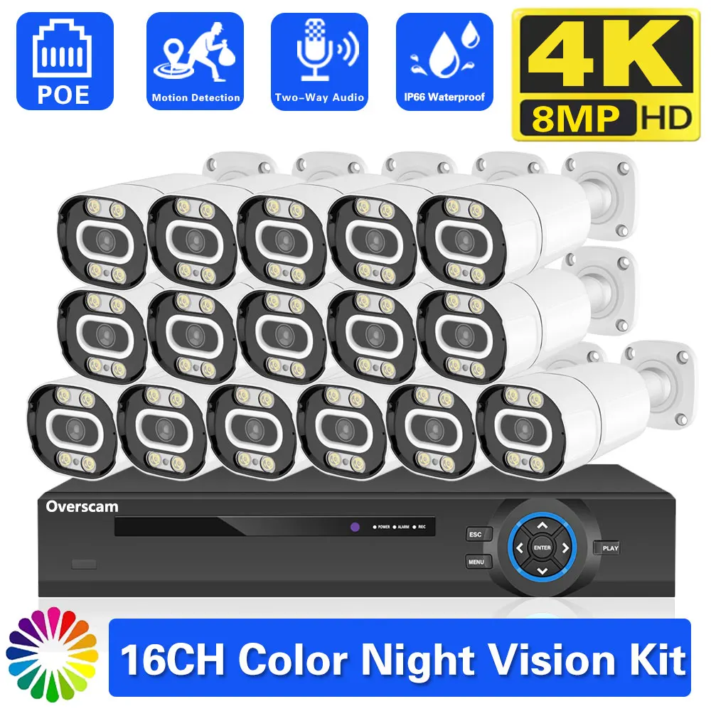 4K POE Security Camera System 8MP Ultra HD 16CH NVR Two Way Audio Color Night Vision Outdoor CCTV Video Surveillance Cam Set