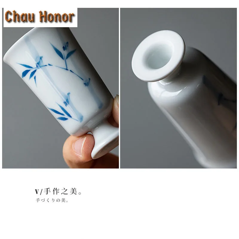 2pc/Set 40ml Pure Handpainted Green Bamboo High Foot Tea Cup Household White Porcelain Thin Tire Master Cup Single Cup Drinkware