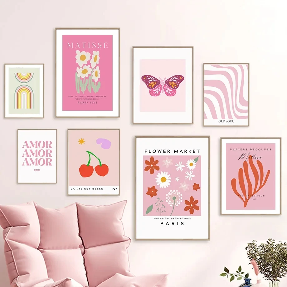 

Cherry Flower Leaf Butterfly Lines Wall Art Canvas Painting Abstract Posters And Prints Wall Pictures For Living Room Home Decor