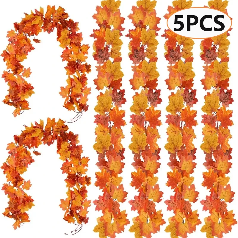 

5pcs 1.75m Artificial Plant Hanging Maple Leaves Fall Garland Vines for Fireplace Home Thanksgiving Halloween Party Decor Autumn