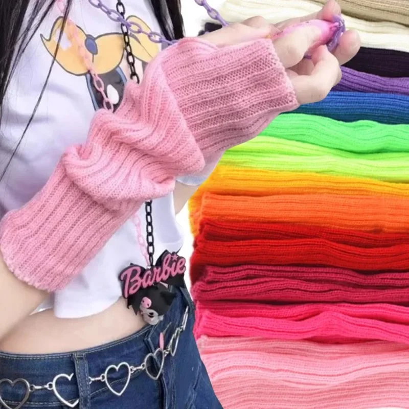 Y2K Fingerless Mittens Women Knitted Gloves Cosplay Anime Gloves Winter Arm Warmers Punk Gothic Harajuku Knit Mitten Arm Sleeves