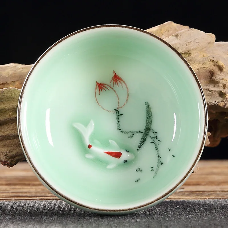 60ml Celadon Chinese Kung Fu Tea Set Round Flat Lotus Carp Pu'er Tea Cups Hand-painted Ceramic Single Carp Teacup tea cup