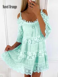 New O-Neck Bohemian Women Mini Dress 2022 Hollow Out Sweet Short Sleeve Solid Loose Ladies Summer Party Dress Streetwear Vestido