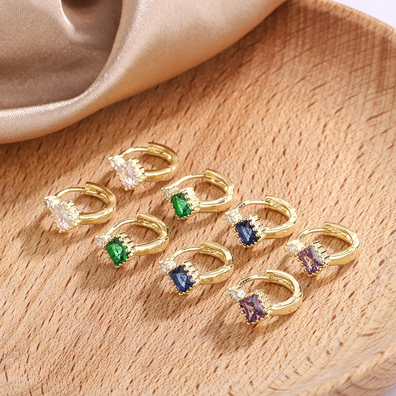 

Simple Fashion Earrings Women's European and American Style Color Zircon Micro Inlaid Color Diamond Geometric Square Earrings