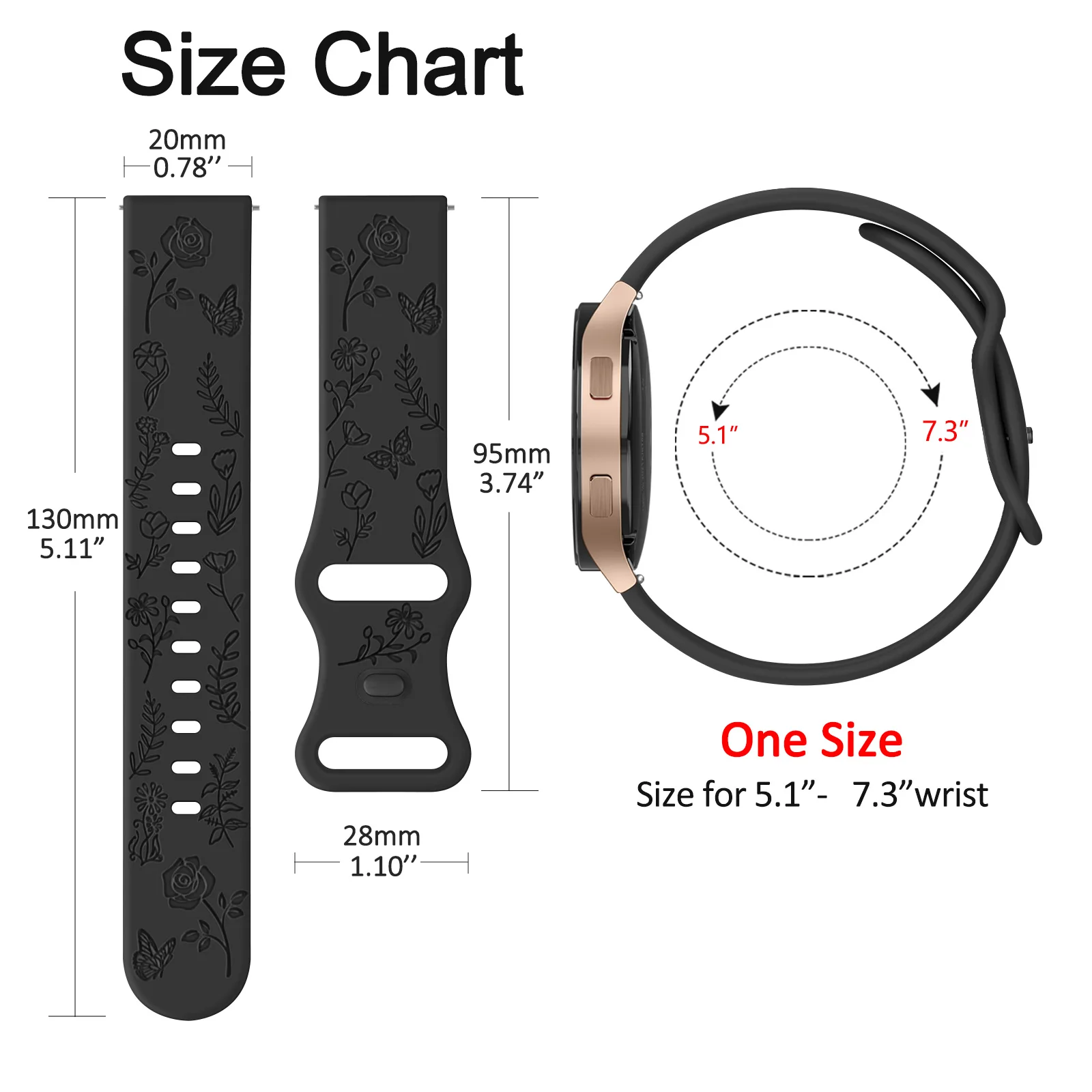 Floral Engraved 20mm Watch Strap