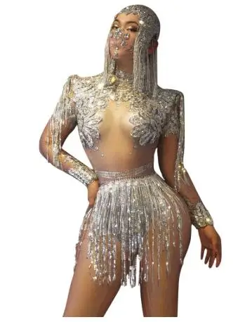 

Shining Big Crystals Mesh Sexy Bodysuit Fashion Sparkly Rhinestones Chains Fringes Outfit Nightclub Party Wear Dancer Costumes