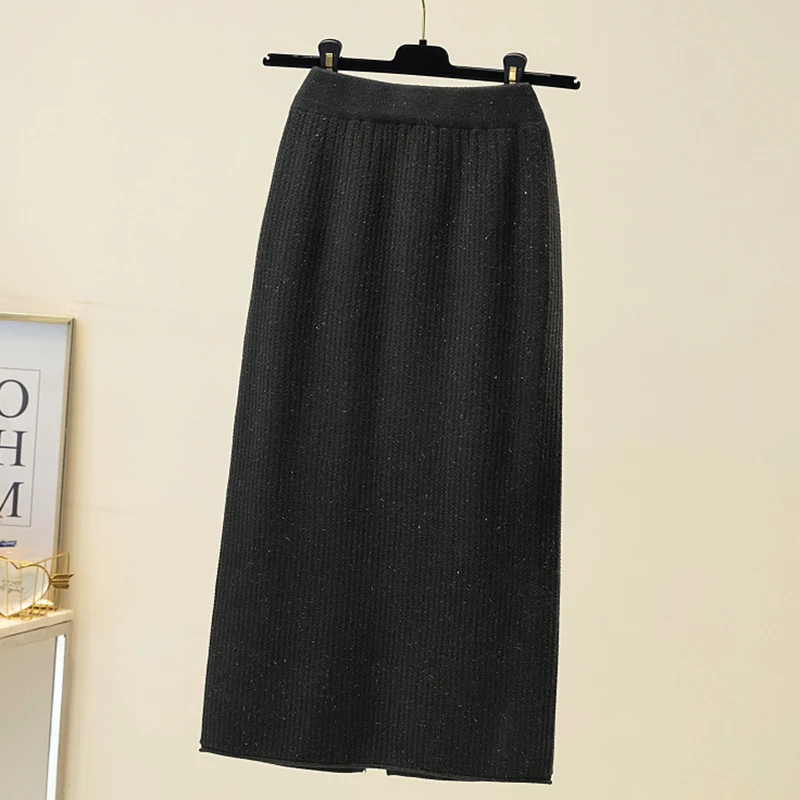 white pleated skirt Rimocy Autumn Winter Knit Pencil Skirt Women 2021 Casual Sequins Elastic High Waist Skirts Woman Elegant Split Midi Skirt Ladies denim skirt