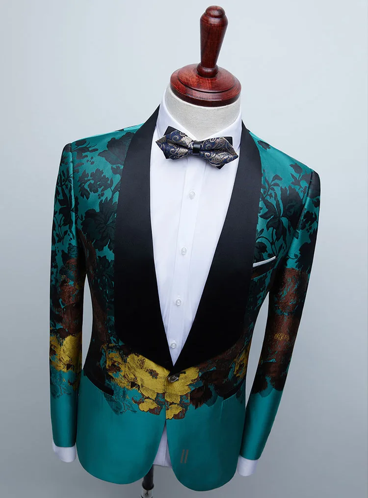 Luxury Floral Print Green Dress Blazers For Men One Button Shawl Lapel Men Suit Jacket Wedding Party Dinner Elegant Male Costume