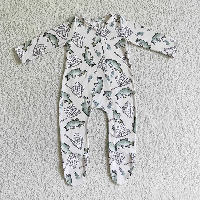 Fashion Baby Boy Fishing Zipper Romper Onesie Long Sleeve Bodysuit