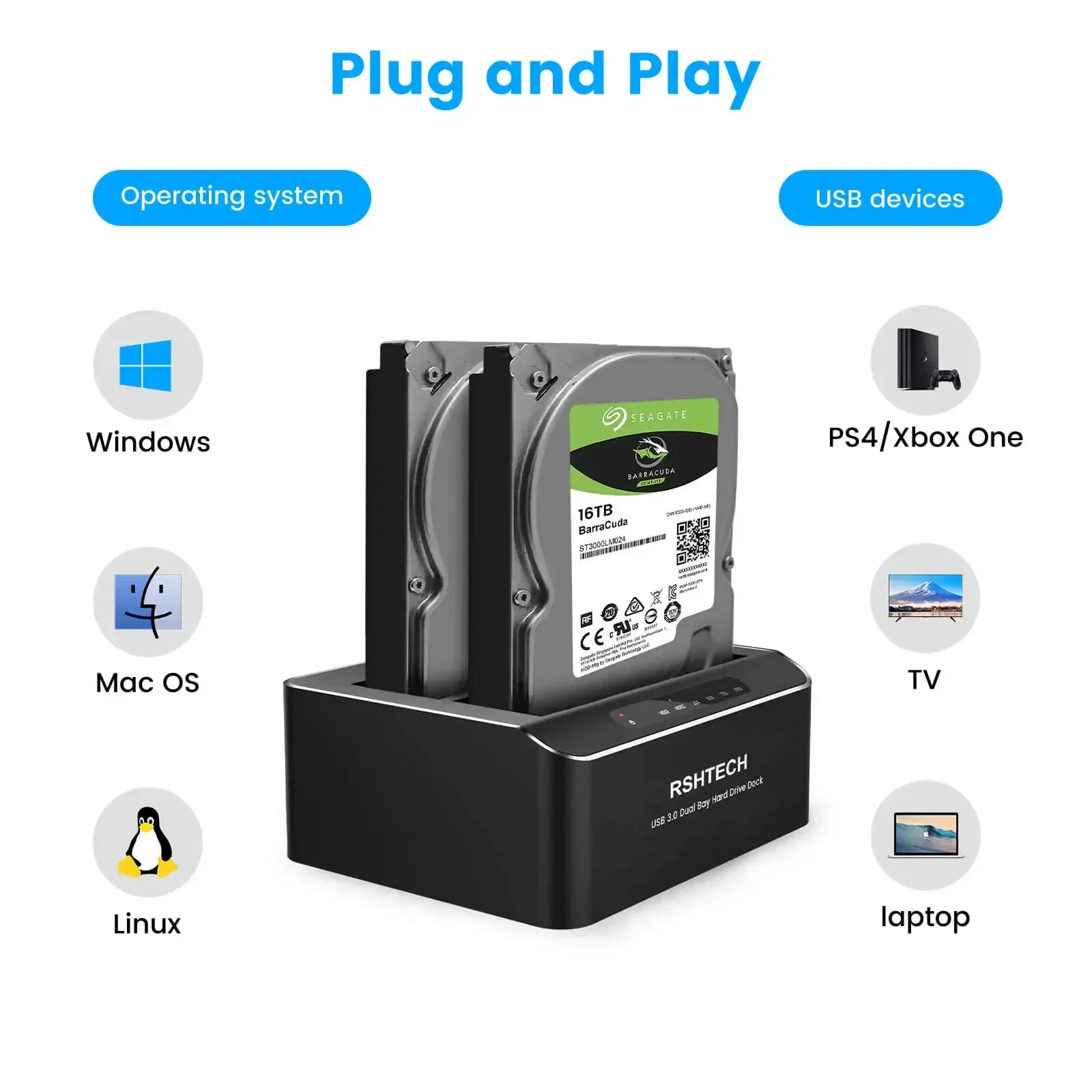 RSHTECH Hard Drive Docking Station Aluminum Dual Bay for 2.5/3.5 Inch SATA I/II/III HDD SSD Support 2x 16TB Hard Drives