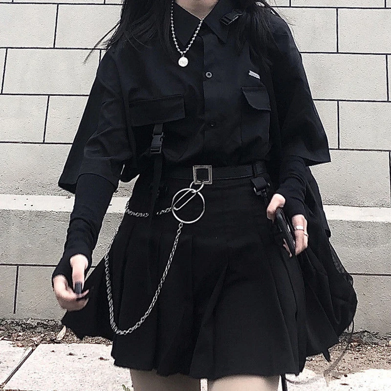 Vintage Loose Solid BF Gothic Two Piece Set Women Summer