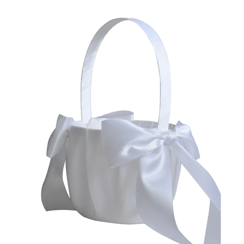 Weißer Blumenkorb für Mädchen, schlichter Hochzeitskorb mit Perlen für Blumenbraut/Kinder, handgehaltener Korb für Hochzeitszeremonie, Partydekorationen – Detail 12