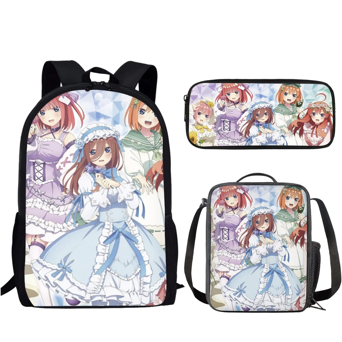 

3-Piece 3D Five Equal Wedding Anime Children's School Bag Student Messenger Bag for Teen Girls Large Capacity Women School Bag