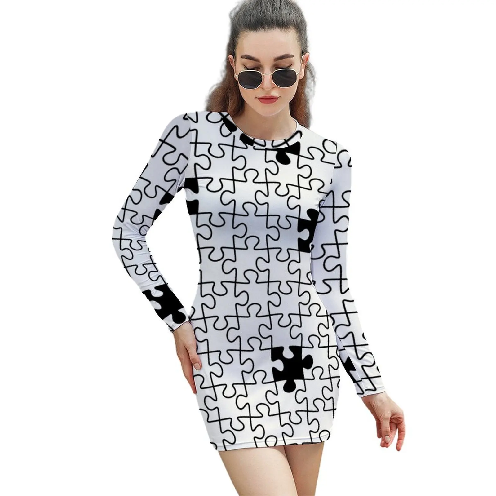 

The Missing Piece - Abstract Jigsaw Puzzle Black and White Long-Sleeved Sheath Dress women's fashion dresses