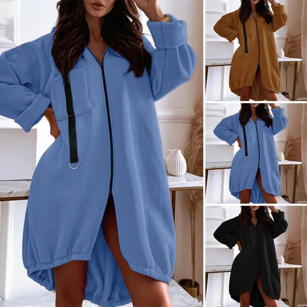 

Women Hoodie Thick Plush Mid Length Hooded Zipper Closure Long Sleeve Solid Color Loose Warm Split Pockets Strap Decor Lady Coat