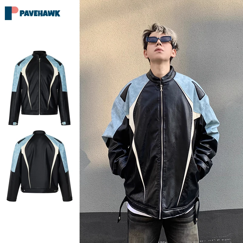 Patchwork Moto Pu Giacche Uomo Donna American Vintage Tie-Dye Giacca Da Corsa In Pelle Hip Hop Street Zipper Outwear Primavera