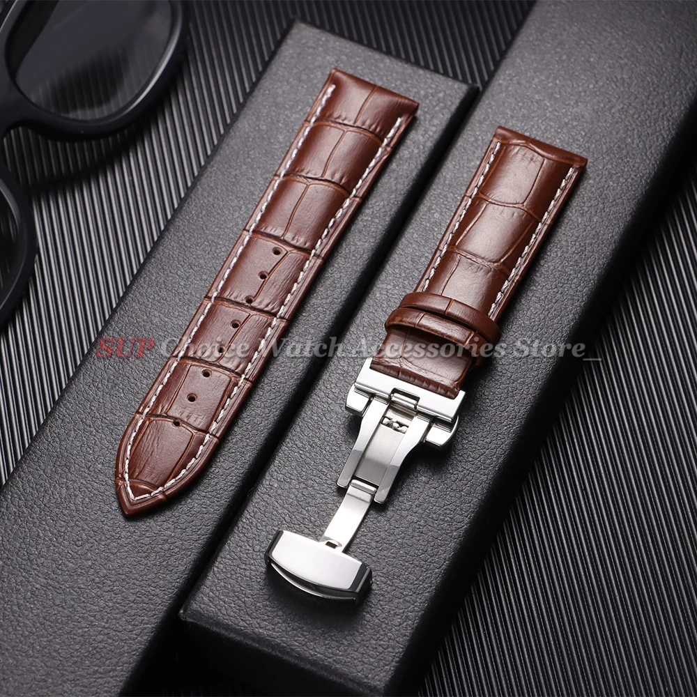 Sleek Calfskin Leather Watch Band with Butterfly Buckle