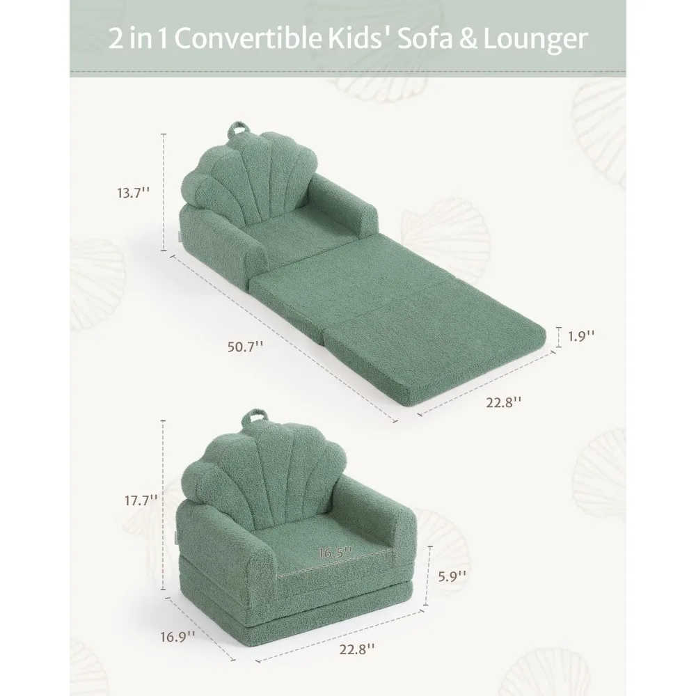 Kids Couch, 2-in-1 Soft Toddler Couch Fold Out, Toddler Chair Comfy, Convertible Sofa to Lounger with Cute Shell Designs, Green 4