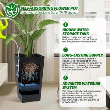 Rectangular Planters Set of 2, Large Plant Pots with Drainage Holes＆Water Level Monitor for Outdoor Indoor Patio Porch Rooms 3