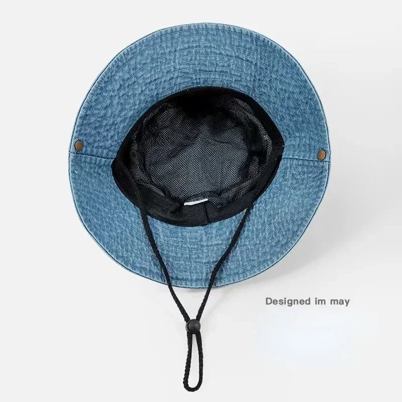 2025 Blue Cowboy Bucket Hat with String Men Denim Beach Sun Hat