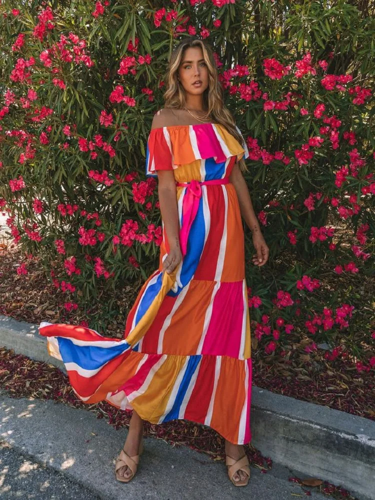 

New European and American Striped Printed Shoulder Flounces Dress