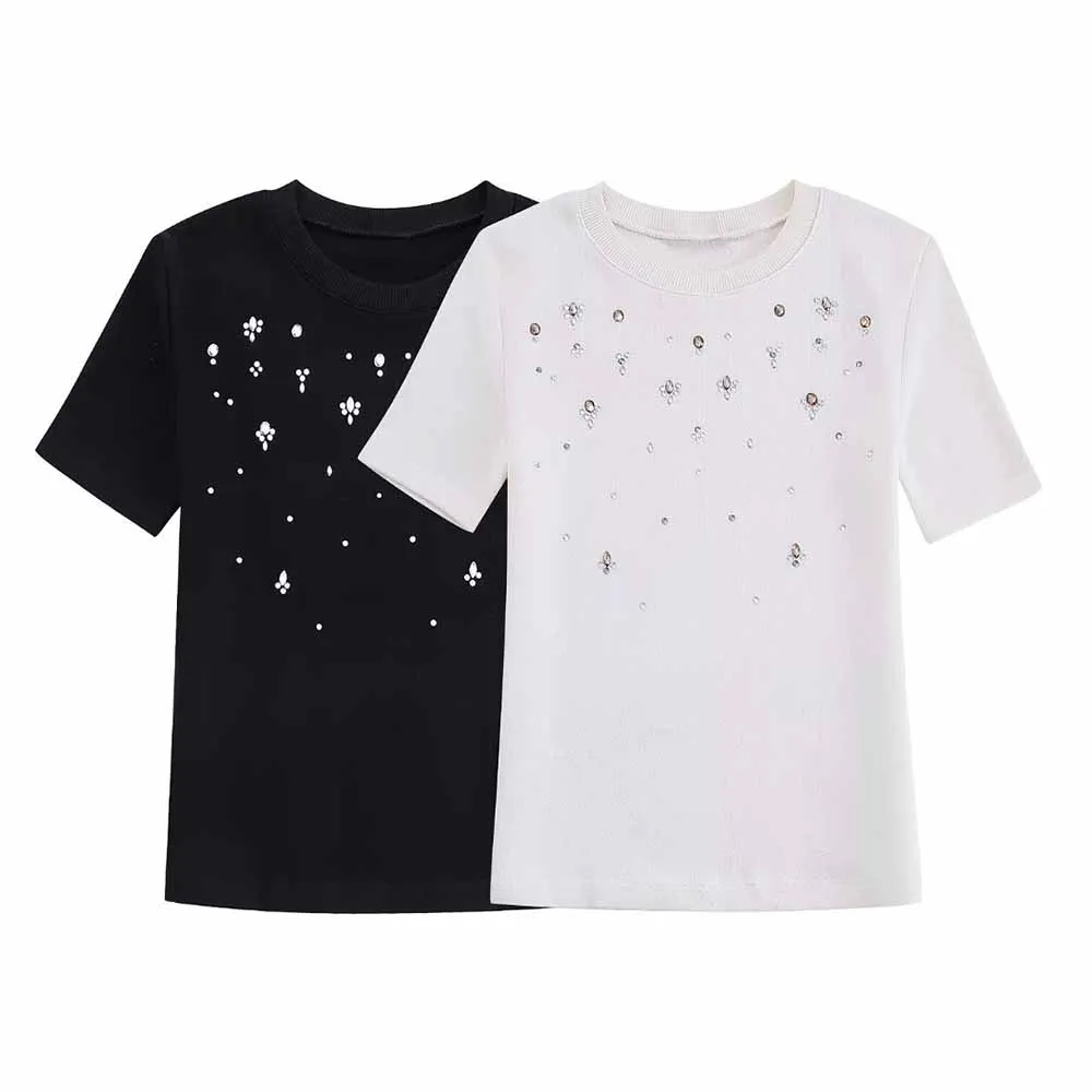 

TRAF Women's Pullover Fashion New Jewelry Decorated Soft Short Sleeve Female Retro Round Neck Elegant Knitted Sweater 0264497