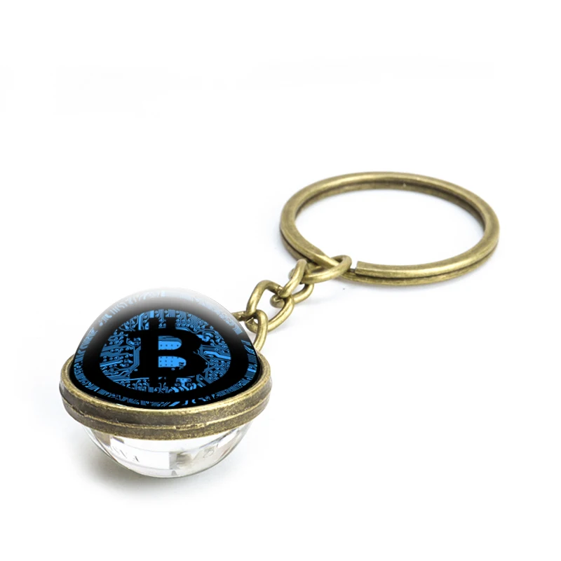 Bitcoin Design Keychain Cryptocurrency Bitcoin Theme Pendant Metal Double Sided Glass Ball Keyring Key Holder Retro Jewelry Gift