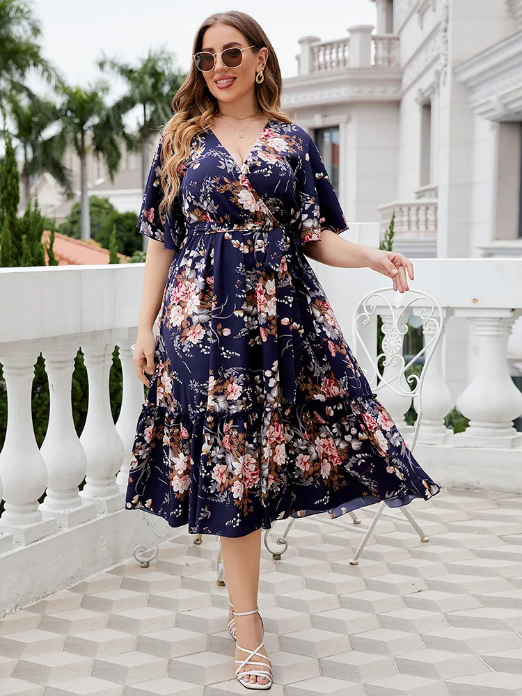 Cheap Women Plus Size Midi Dresses 2023 New Summer Casual Elegant V-Neck Short Sleeve Ruffled Floral Print Boho Holiday Clothing
