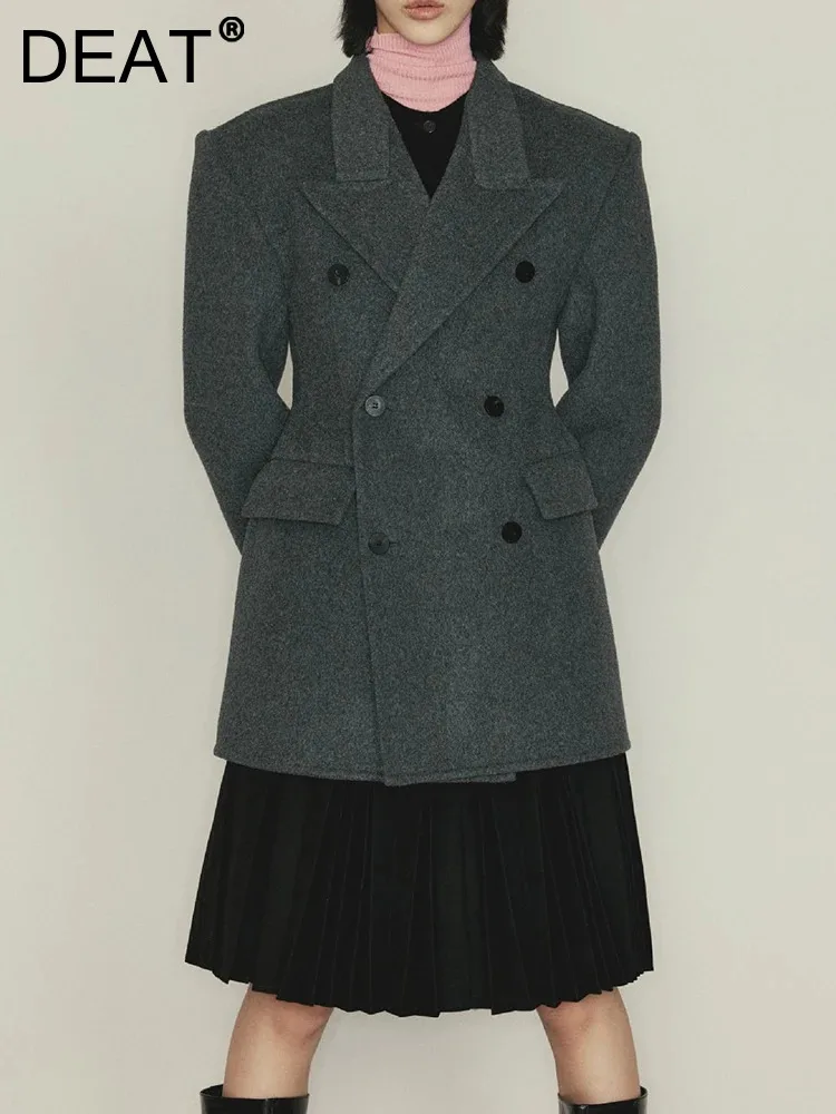 

DEAT Fashion Women's Pure Wool Blazer Notched Double Breatsed Waist Retraction Pockets Suit Jackets Winter 2024 New Tide 7AB2323
