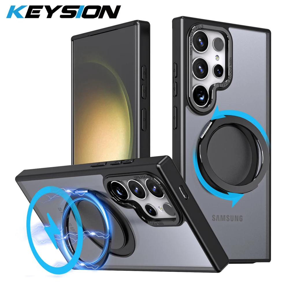KEYSION Matte Hülle für MagSafe für Samsung Galaxy S24 Ultra 5G S24+ S23 FE 360° ° Rotierende magnetische Ring-transparente Telefonabdeckung