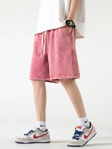 2024 New Distressed Summer Shorts Men 320G Heavy Cotton Drawstring Harajuku Loose Sweatshorts Male Casual Short Pant Streetwear