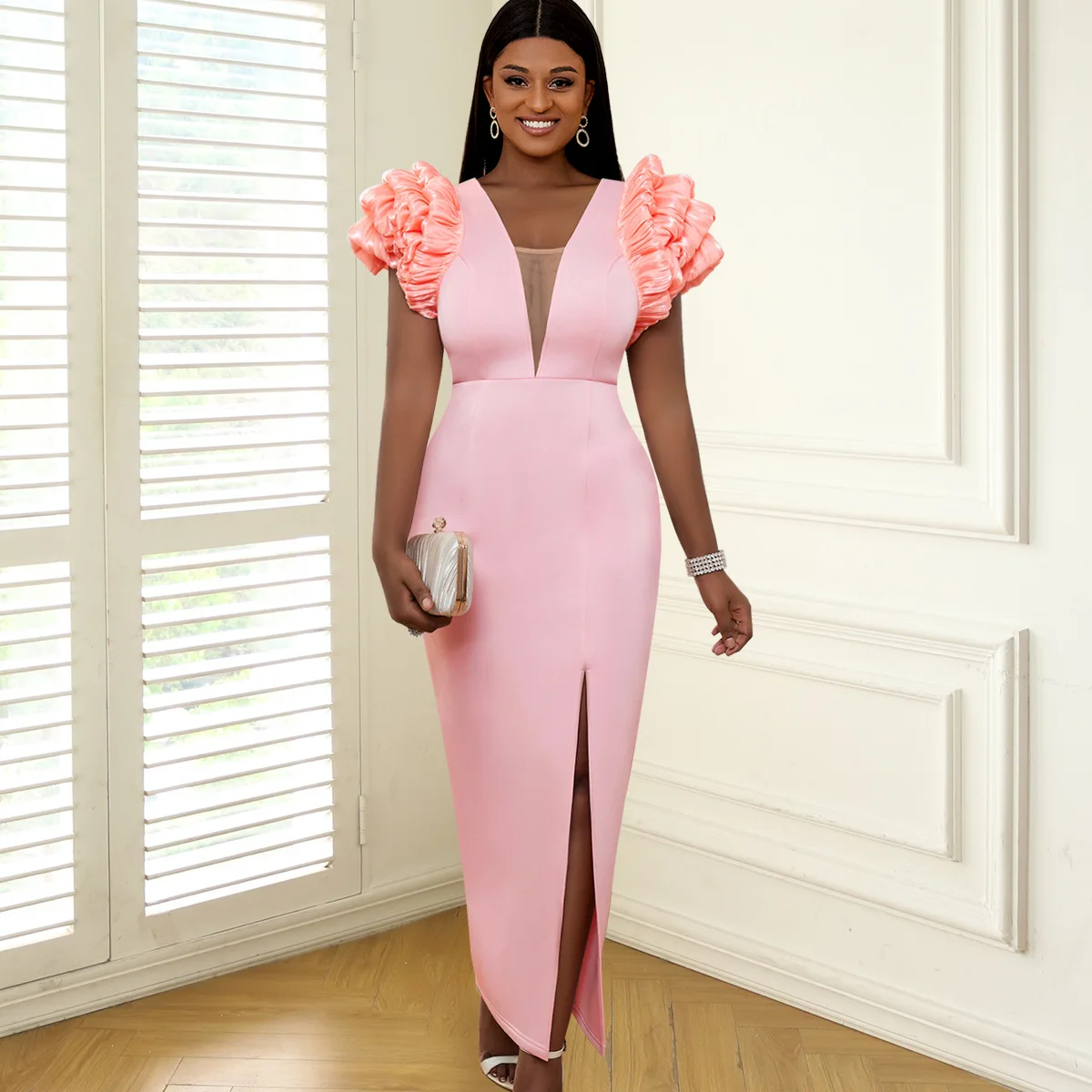 

2023 Fashion V-neck bubble sleeves high-waist dress